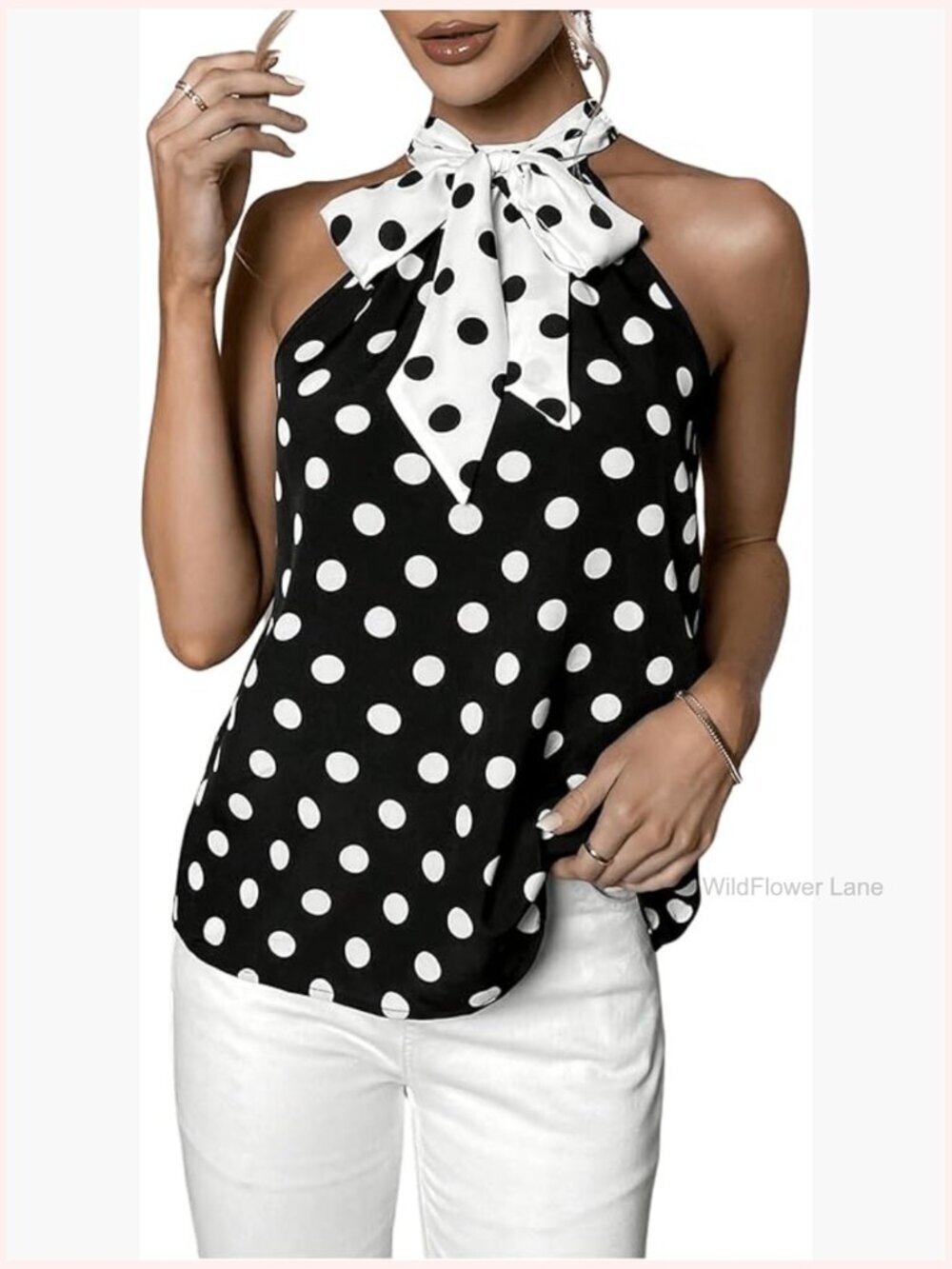 Polka Dot Bow Tie Keyhole Back Blouse Sleeveless Work Office Top